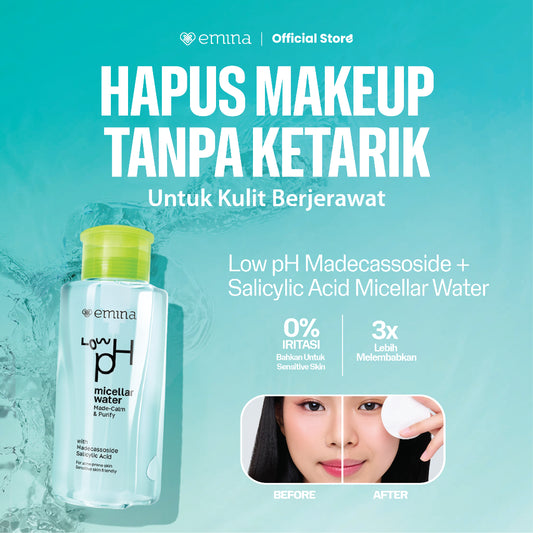 Emina Low pH Micellar Water  untuk Kulit Berminyak dan Berjerawat Sensitif 125ml & 300ml | Salicylic Acid Pembersih Wajah Gentle Makeup Remover Double Cleansing for Acne-Oily Prone Skin Oil Control Moisturizer Sunscreen Mencerahkan