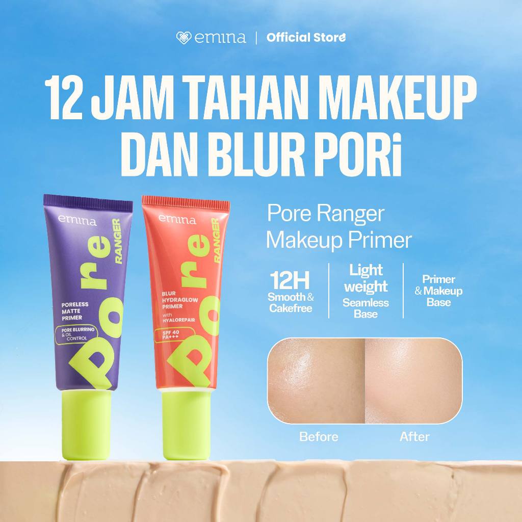 Emina Pore Ranger Total Poreless Primer & Blur Hydraglow Primer 20 ml - Makeup Longlasting 8-12 jam, Matte/Glow Finish, Smooth Complexion, Crack-Free, No-Patchy