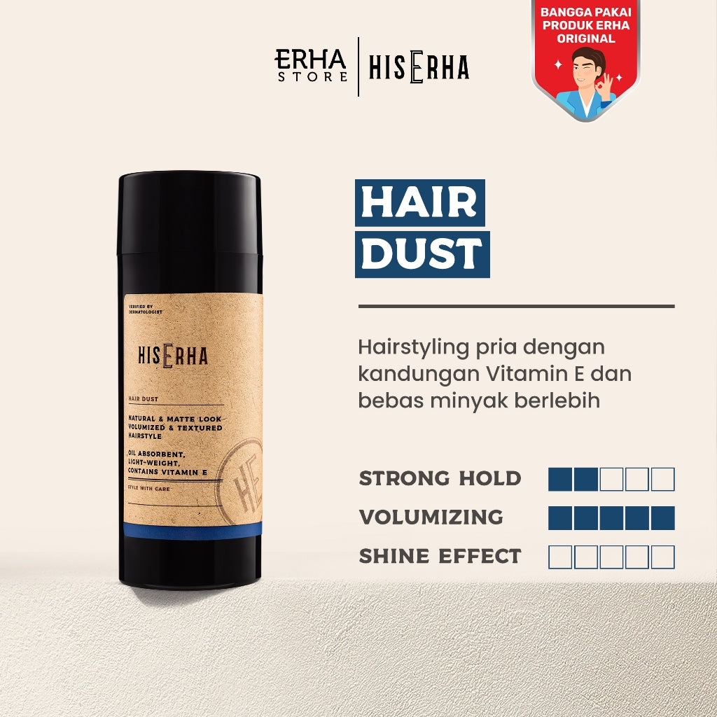 HIS ERHA Hair Dust/Powder 12g - Hairstyling Pria Untuk Rambut Bervolume, Bertekstur, Bebas Lepek/ Minyak, Natural Seharian, Wangi Segar Maskulin, Verified by Dermatologist, Vitamin E, Silica