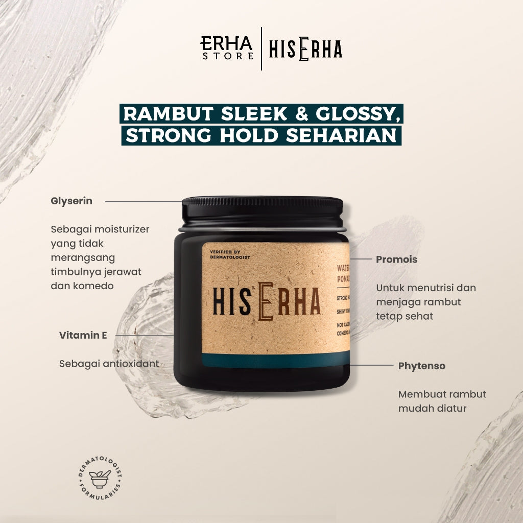 HIS ERHA Waterbased Pomade 120g - Hair Styling Pria Untuk Hasil Sleek, Strong Hold, Mudah Dicuci, Aman & Tidak Menyebabkan Timbulnya Jerawat & Komedo, Wangi Segar Maskulin, Verified by Dermatologist, Glyserin, Vitamin E, Promois, Phytenso