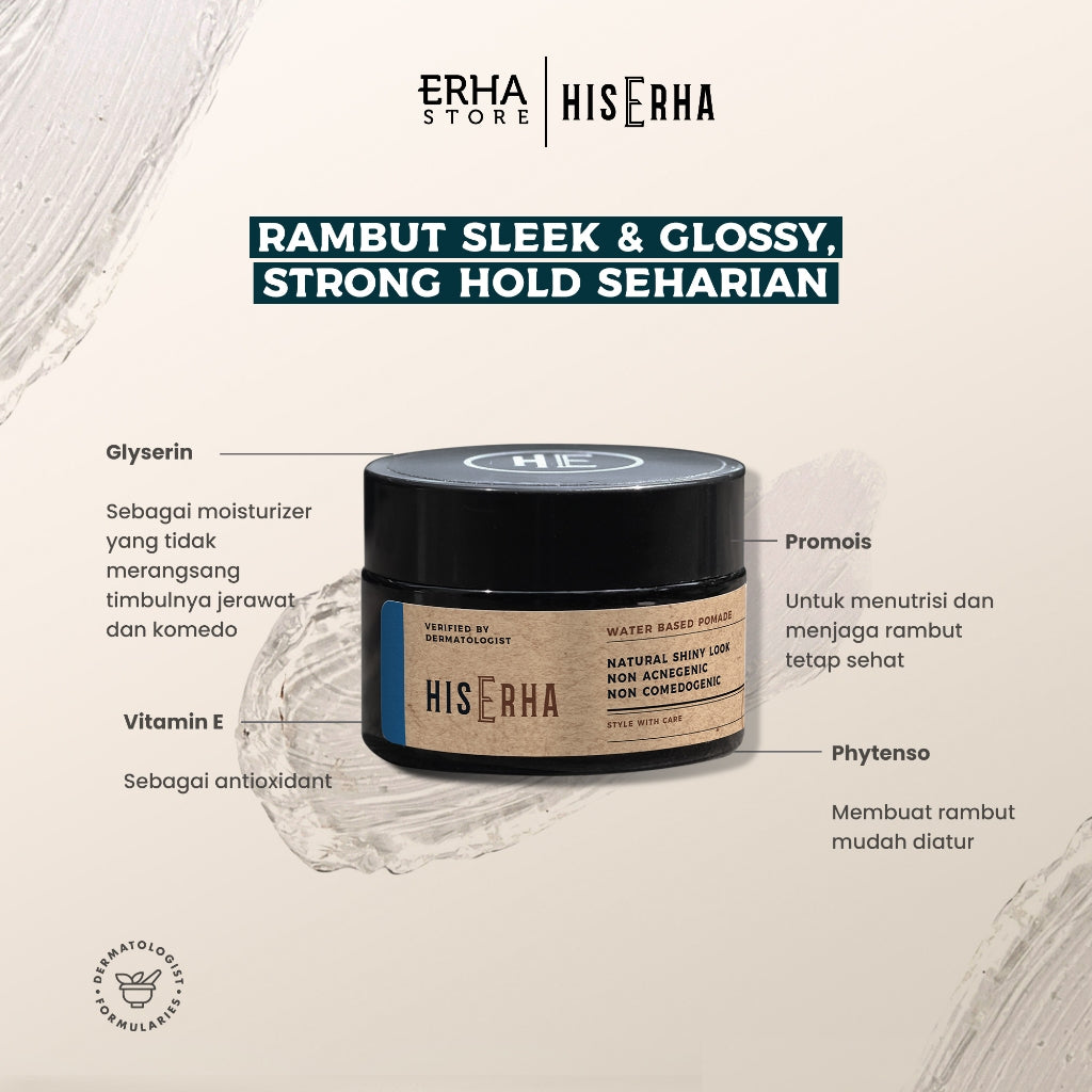 HIS ERHA Waterbased Pomade 35g - Hair Styling Pria Untuk Hasil Sleek, Strong Hold, Mudah Dicuci, Aman & Tidak Menyebabkan Timbulnya Jerawat & Komedo, Wangi Segar Maskulin, Verified by Dermatologist, Glyserin, Vitamin E, Promois, Phytenso