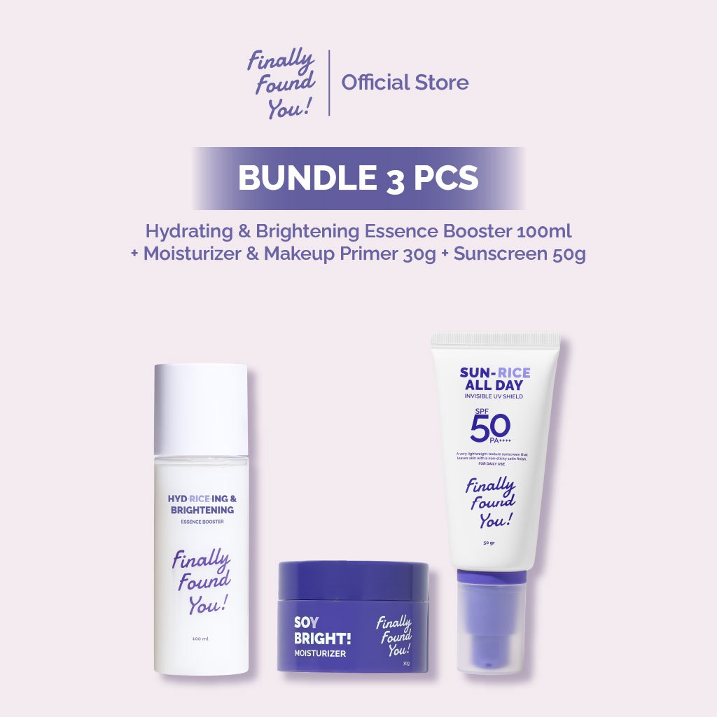 Finally Found You! BUNDLE BASIC SKINCARE: Soy Gentle Face Cleanser + HYDRICEING & BRIGHTENING Essence Booster + Soy Bright Moisturizer & SUN-RICE ALL DAY Invisible UV Shield