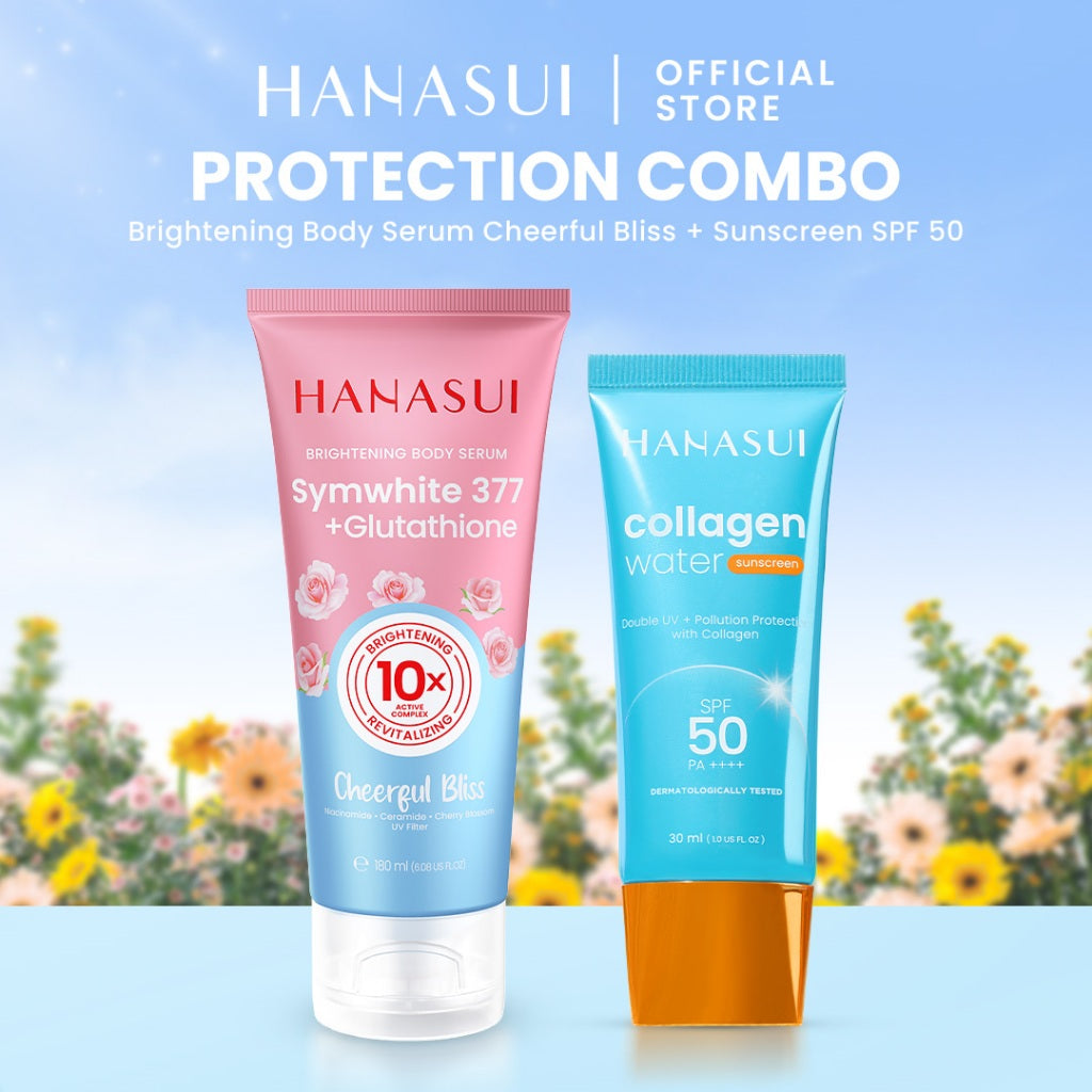 Hanasui Brightening & Protection Combo - Brigthening Body Serum Sunscreen SPF 50 Power Bright Expert Serum Mencerahkan Menenangkan dan Menghidrasi Kulit dengan kandungan Niacinamide Symwhite377 dan Vitamin E