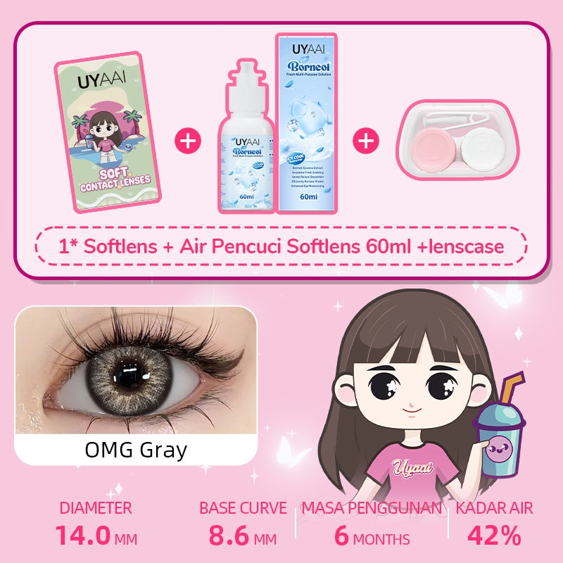 [Beli 1 Gratis 2 Hadiah] UYAAI Softlens Normal 14.00-15.00mm 1Pasang Softlens+120ML Air Pencuci Softlens+Lenscase