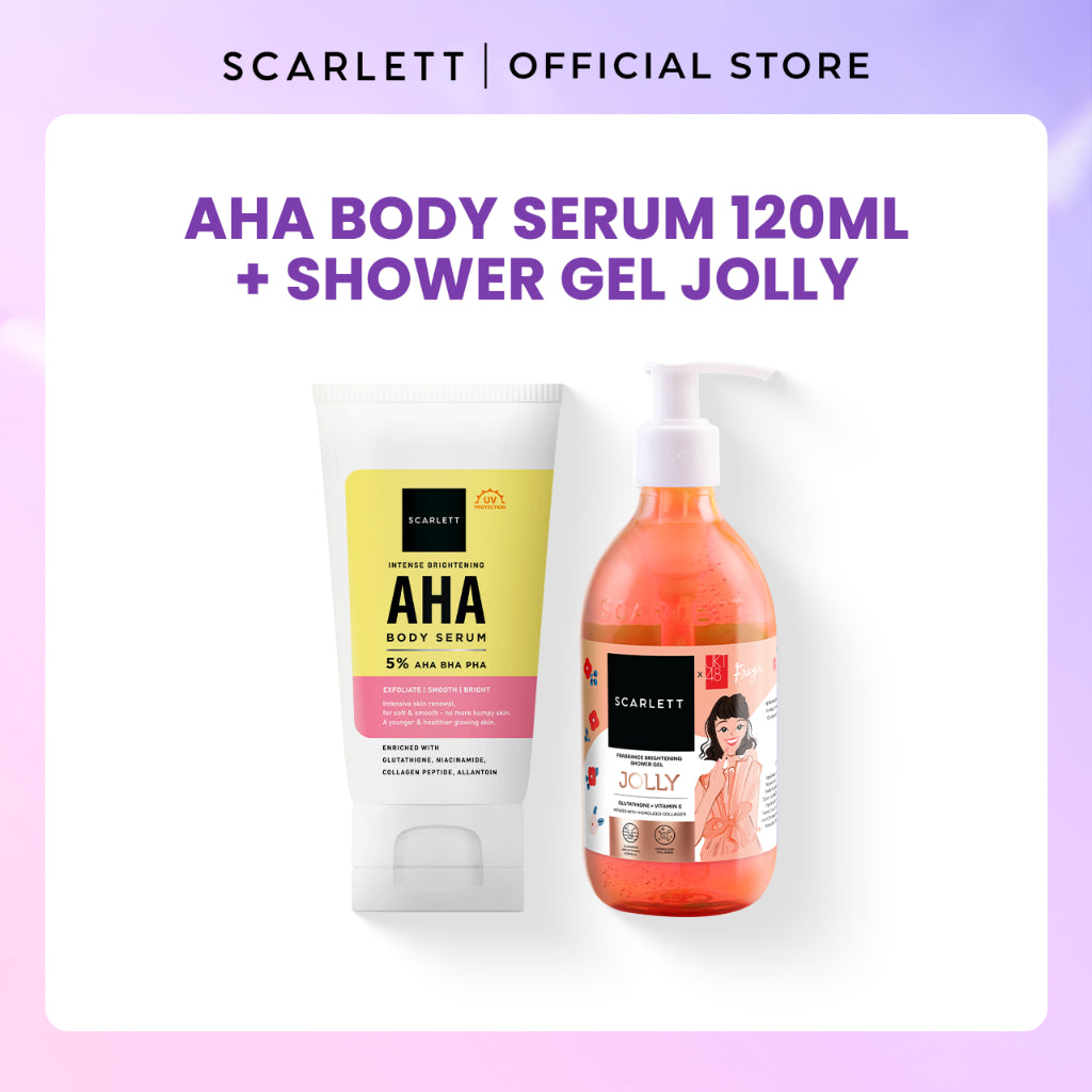 Scarlett AHA Combo Care - Bundle AHA Body Serum (Shower Gel, Ultra Light Daily Sunscreen, Aqua Gel Moisturizer) Untuk Kulit cerah, lembut, dan terlindungi setiap hari