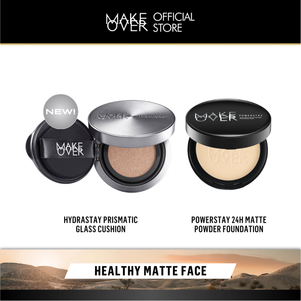 MAKE OVER Healthy Matte Face Bundle: Hydrastay Prismatic Glass Cushion + Powerstay 24H Matte Powder Foundation - Paket Complexion Face Makeup Flawless Glow Cushion Smooth Cover 24 Jam Tahan Lama Foundation Bedak Concealer Wajah Baru