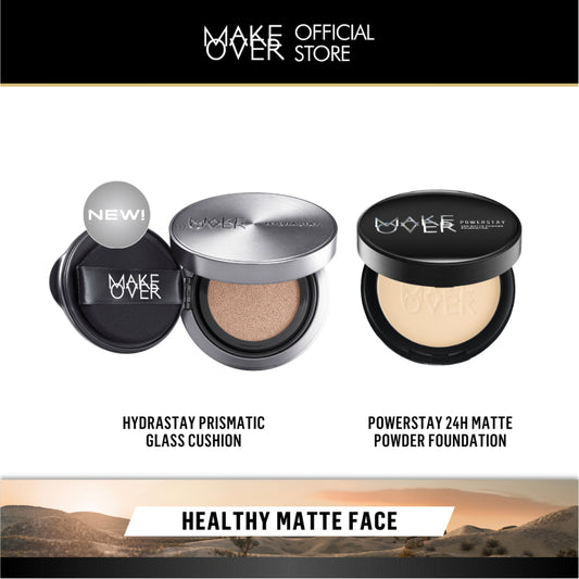 MAKE OVER Healthy Matte Face Bundle: Hydrastay Prismatic Glass Cushion + Powerstay 24H Matte Powder Foundation - Paket Complexion Face Makeup Flawless Glow Cushion Smooth Cover 24 Jam Tahan Lama Foundation Bedak Concealer Wajah Baru