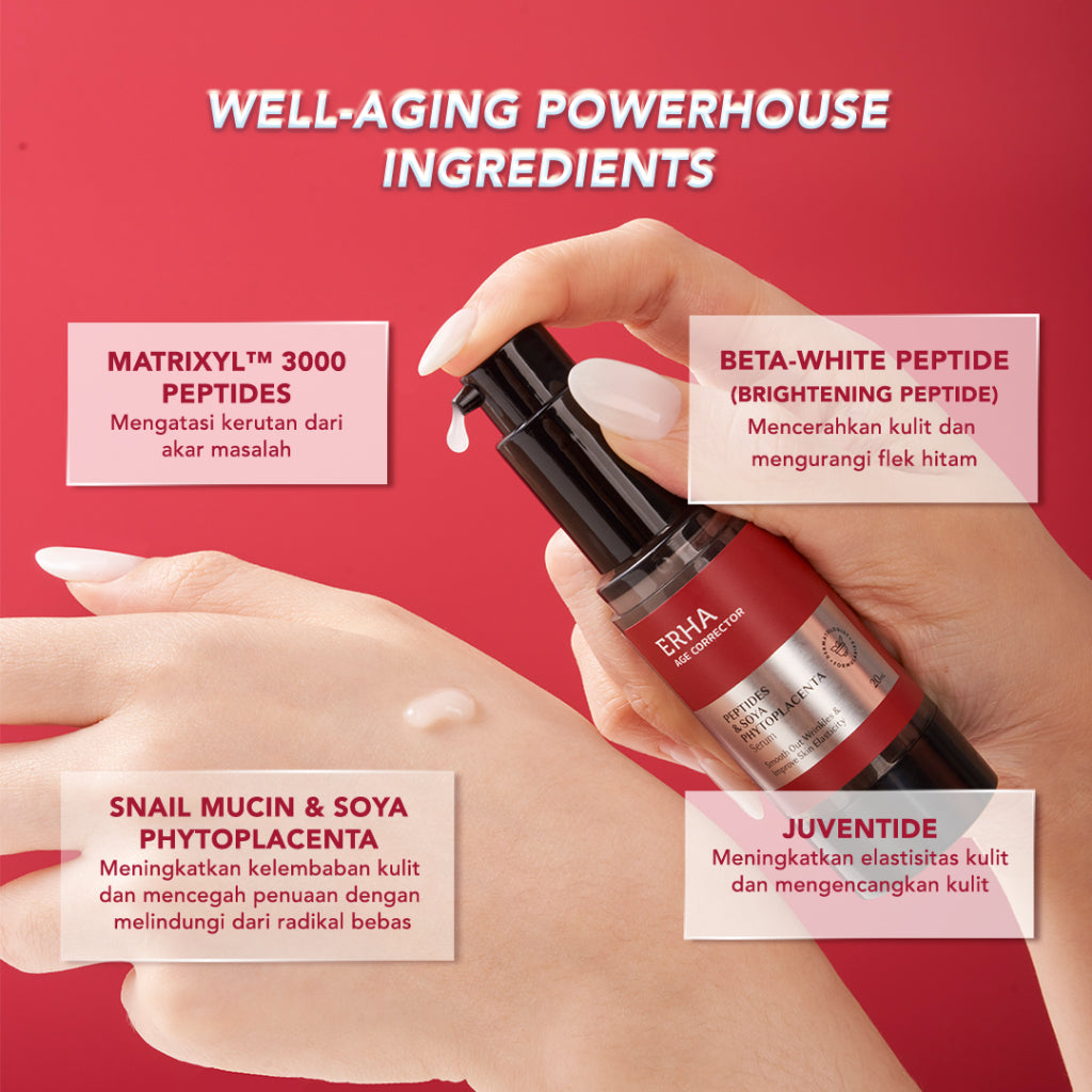 ERHA Age Corrector Serum Peptides & Soya Phytoplacenta for Well-Aging | Mengurangi Garis Halus Kerutan | Melembabkan | Boost Kolagen | Mencerahkan Flek Hitam | Glowing Plumpy | Anti Aging | Kenyal Kencang Cerah