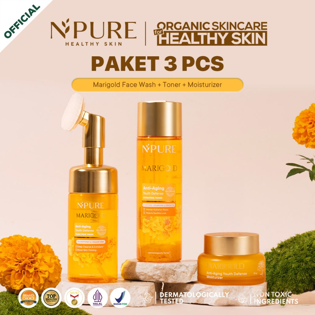 NPURE - 3 PCS -  Paket Face Wash + Toner + Moisturizer - Cica Acne - Marigold Anti Aging - Noni Sensitive - Licorice Brightening and Glowing Mencerahkan Wajah Beruntusan