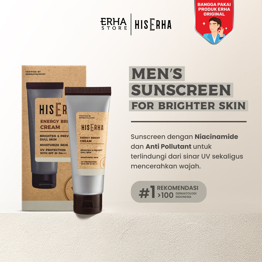 His Erha Energy Bright Cream 20g – Sunscreen Pelembap Wajah Pria untuk Mencerahkan Wajah Kusam, SPF 30/PA+++, Terlindungi dari Sinar UV, Verified by Dermatologist, Niacinamide, Moisturizing Agent, Anti Pollutant