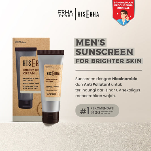 His Erha Energy Bright Cream 20g – Sunscreen Pelembap Wajah Pria untuk Mencerahkan Wajah Kusam, SPF 30/PA+++, Terlindungi dari Sinar UV, Verified by Dermatologist, Niacinamide, Moisturizing Agent, Anti Pollutant
