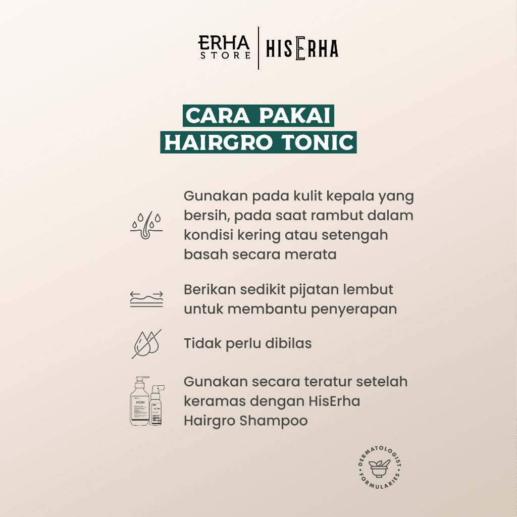 HIS ERHA Bundle Hairgro Series Shampoo 270ml + Tonic 60ml - Kombinasi Perawatan Rambut Rontok, Cegah Kebotakan,  Rambut Lebih Tebal/Lebat Khusus Pria, Wangi Segar Maskulin, Verified by Dermatologist, Biotin, Caffeine Extract, Taurine, Menthol