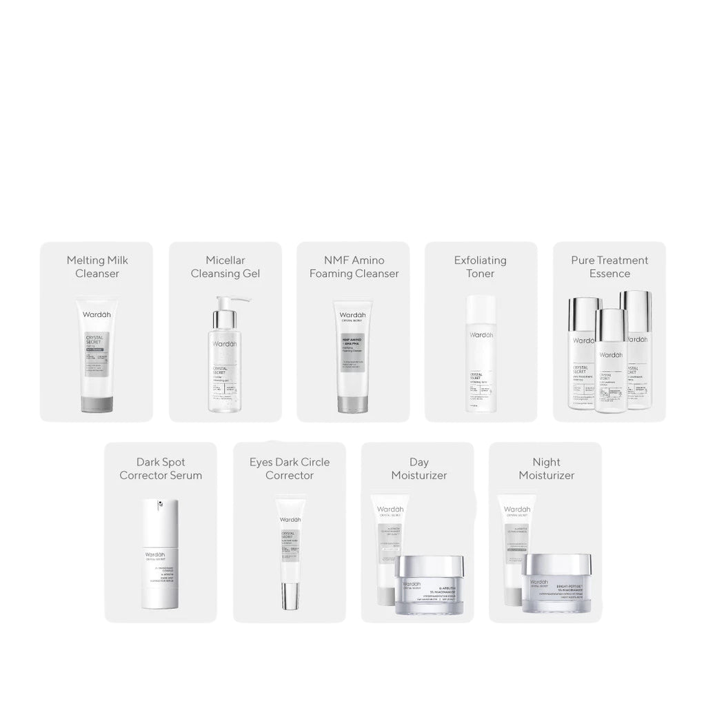 WARDAH Crystal Secret Series Lengkap - Milk Cleanser, Micellar Cleansing Gel, Foaming Cleanser, Exfoliating Toner, Pure Treatment Essence, Serum, Dark Spot Corrector, Day Moisturizer, Night Moisturizer, Refreshing Day Gel, Radiance Serum Mask - Skincare