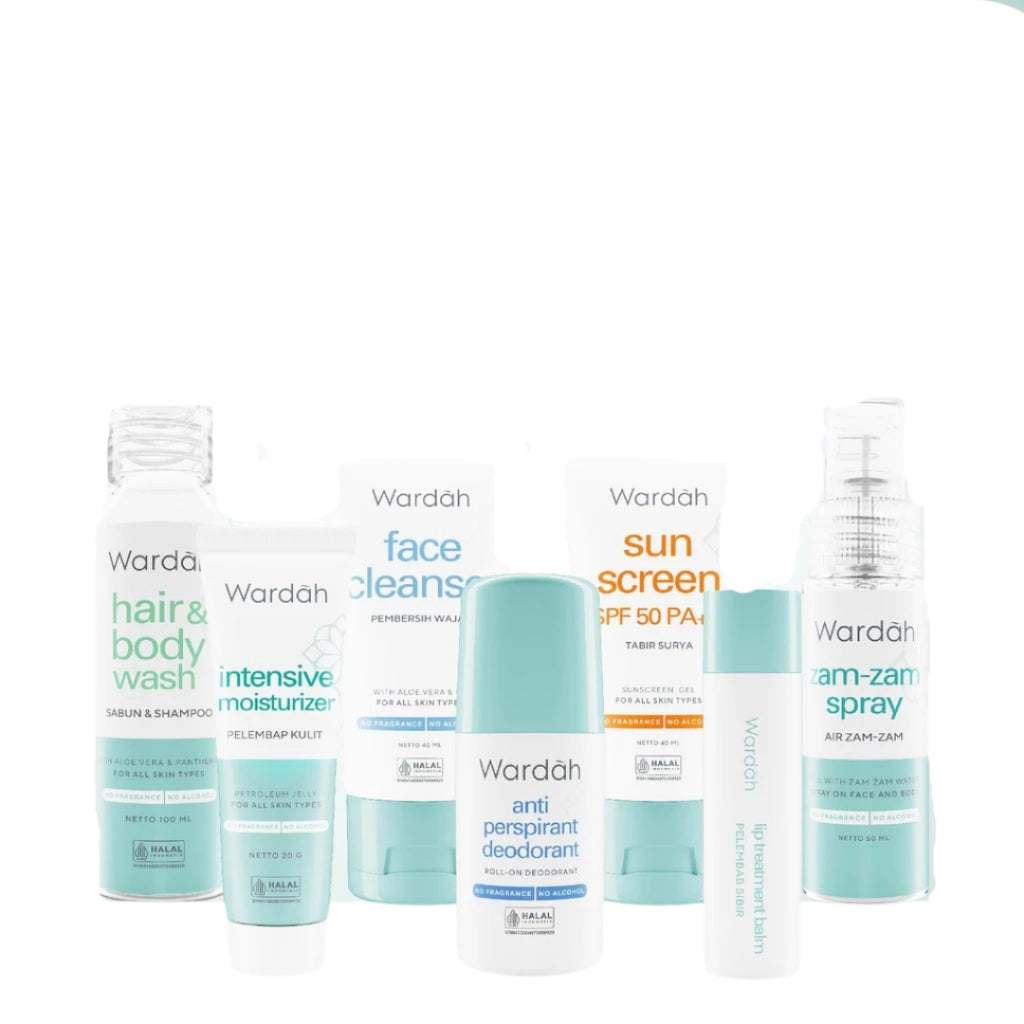 WARDAH Umrah & Hajj Package - Paket Haji dan Umroh - Hair and Body Wash, Face Cleanser, Sunscreen SPF 50 PA+++ , Anti Perspirant Deodorant, Moisturizer, Lip Treatment Balm, ZamZam Water Spray - Skincare