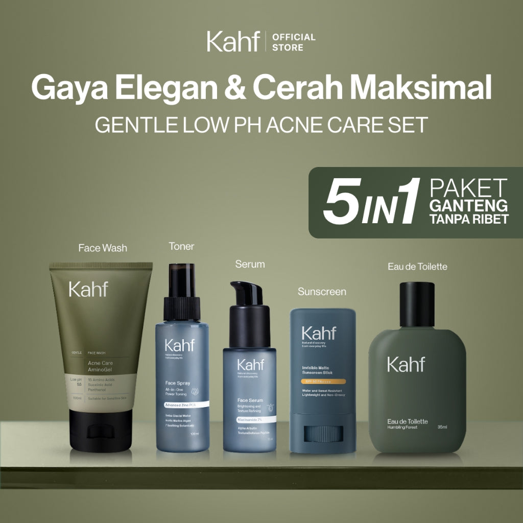 [KAHF BUNDLE 5IN1 PAKET GANTENG TANPA RIBET : GAYA ELEGAN & CERAH MAKSIMAL] Paket Complete Set (Face Wash + Toner + Serum + Sunscreen Stick + Eau de Toilette) - Suitable for Daily Use