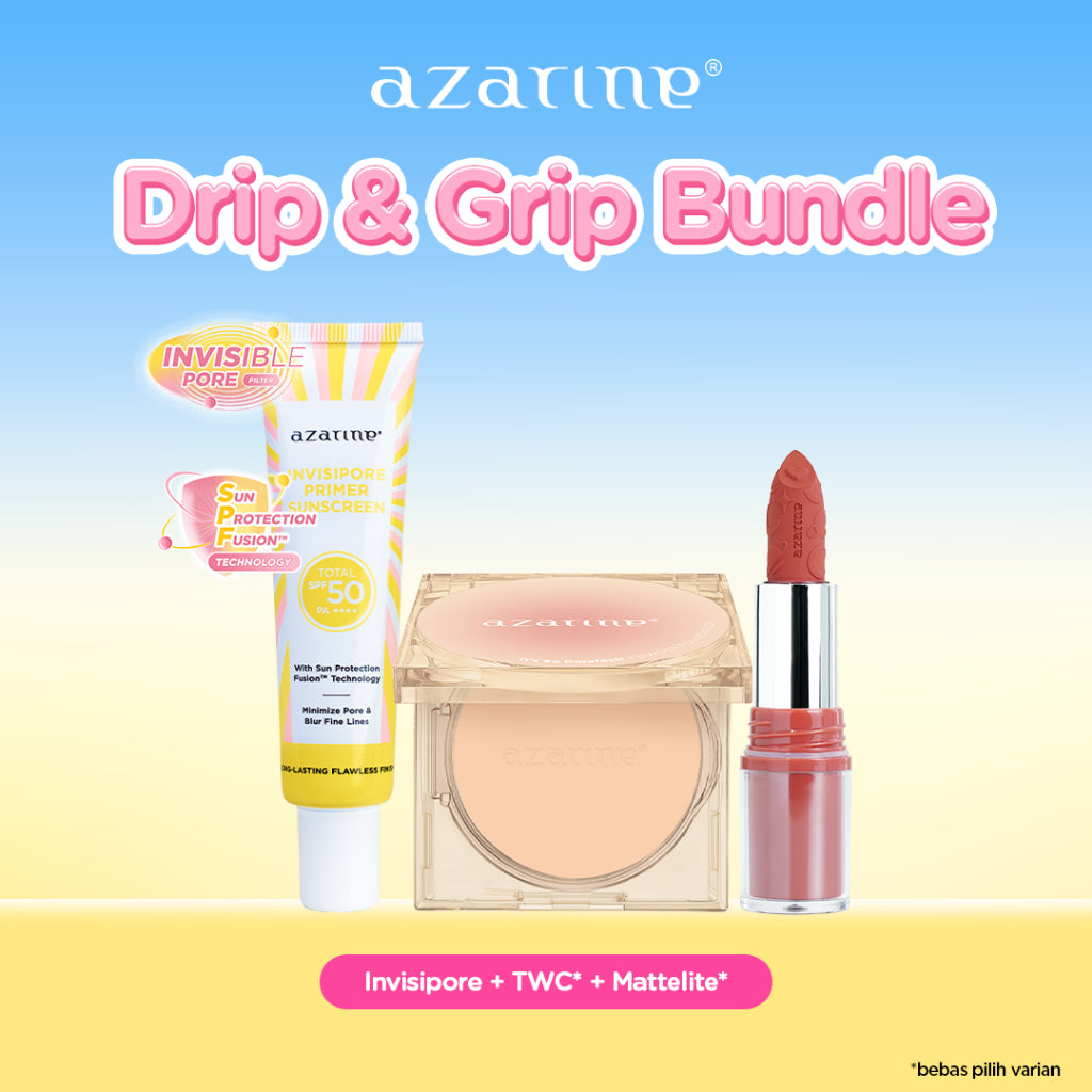 Azarine Drip & Grip Bundle [3 PCS]  Invisipore Primer Sunscreen SPF 50 PA++++ Primer Makeup Pore Blurring Tahan Lama + TWC + Mattelite Lock Lipstick Pigmented Color Lightweight Transferproof Smudgeproof