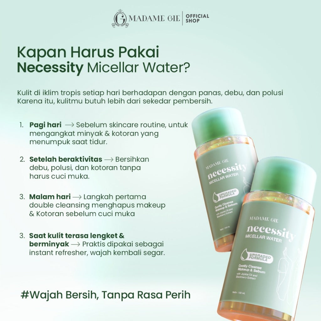 2X Madame Gie Nescessity Gentle Wash Micellar Water 01 100ml – Pembersih Wajah Makeup Remover Travel Size & All Skin Type | Mengurangi Minyak Berlebih tanpa rasa perih