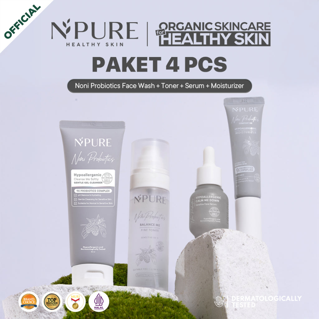 PAKET 4PCS - NPURE Paket Face Wash + Toner + Serum + Moisturizer Cica Acne - Marigold Anti Aging - Noni Sensitive - Licorice Brightening and Glowing Cleanser Mencerahkan Gatal Wajah Treatment Facial Hydrating