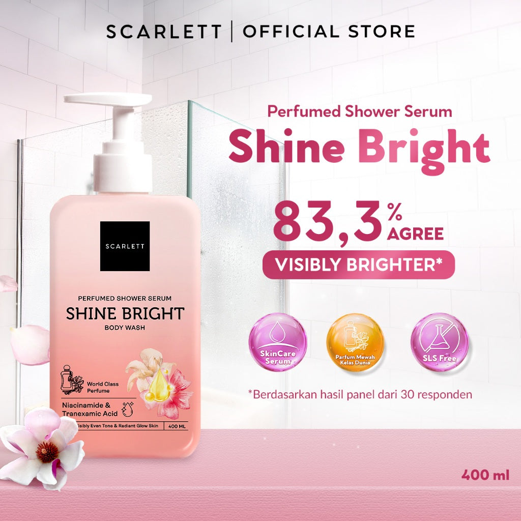 SCARLETT Perfumed Shower Serum 400ml – Shine Bright | Brightening Shower Gel dengan Niacinamide & Tranexamic Acid | Sabun Mandi Cair Mencerahkan Kulit Kusam, Menyamarkan Noda | Kulit Glowing dengan Wangi Parfum Mewah Kelas Dunia
