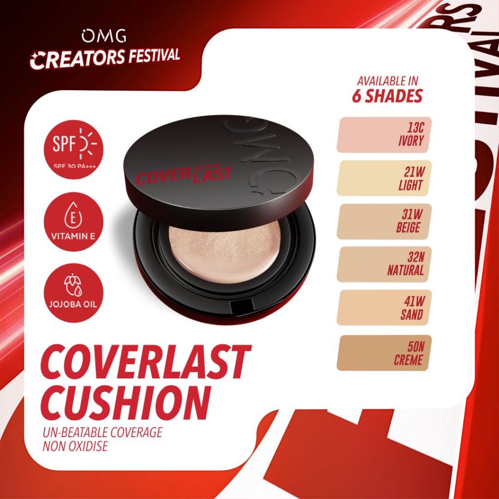 OMG Oh My Glam Coverlast Cushion 15g | Cushion Foundation Concealer Skin Tint Make Up High Coverage Dewy Finish