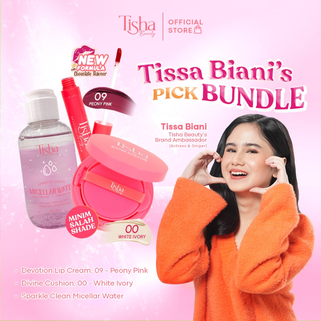 Tisha Beauty (Tissa Biani pick BUNDLE - Cushion White Ivory 00, Devotion Lip Cream 09 Peony Pink & Sparkle Clean Micellar Water)