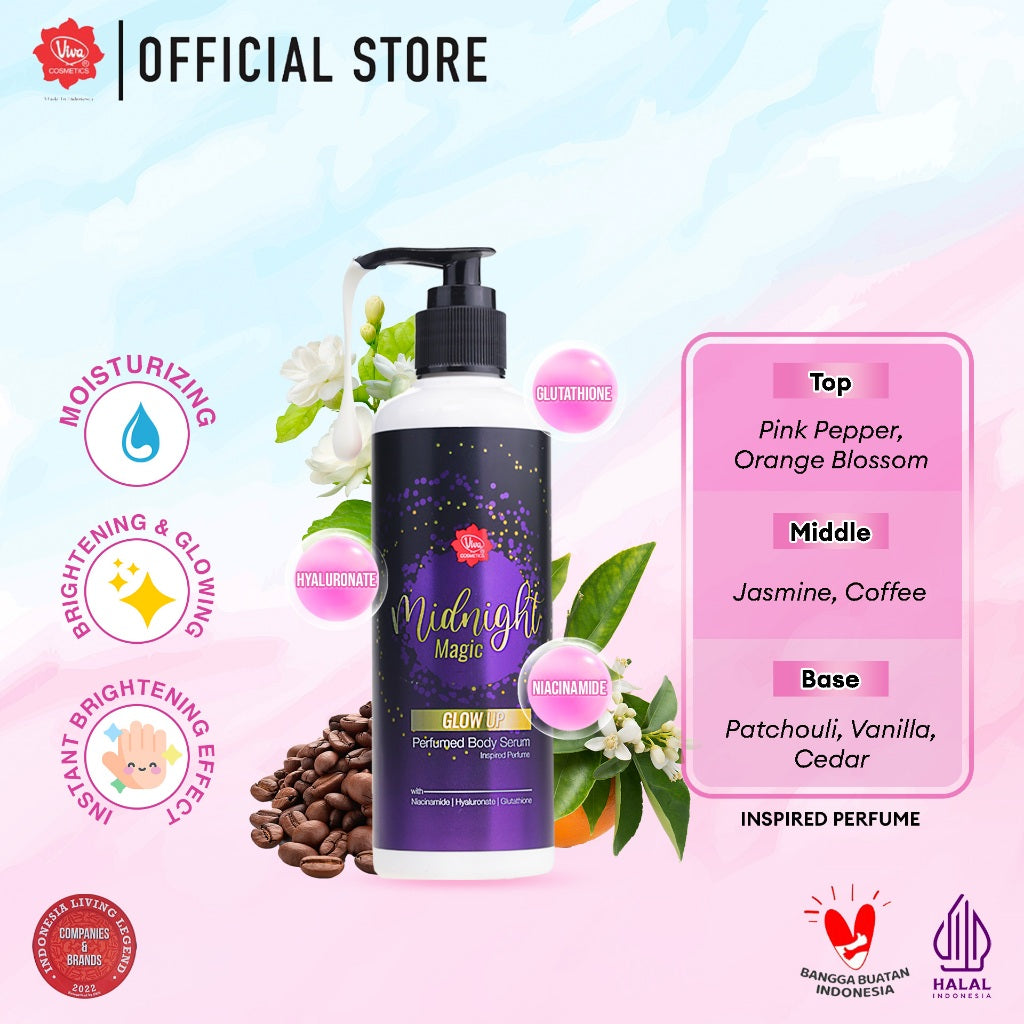 Viva Instant BRIGHTENING & GLOWING Perfumed Body Serum with SODIUM HYALURONATE (HA), NIACINAMIDE & Glutathione- tersedia 5 varian (230ml)