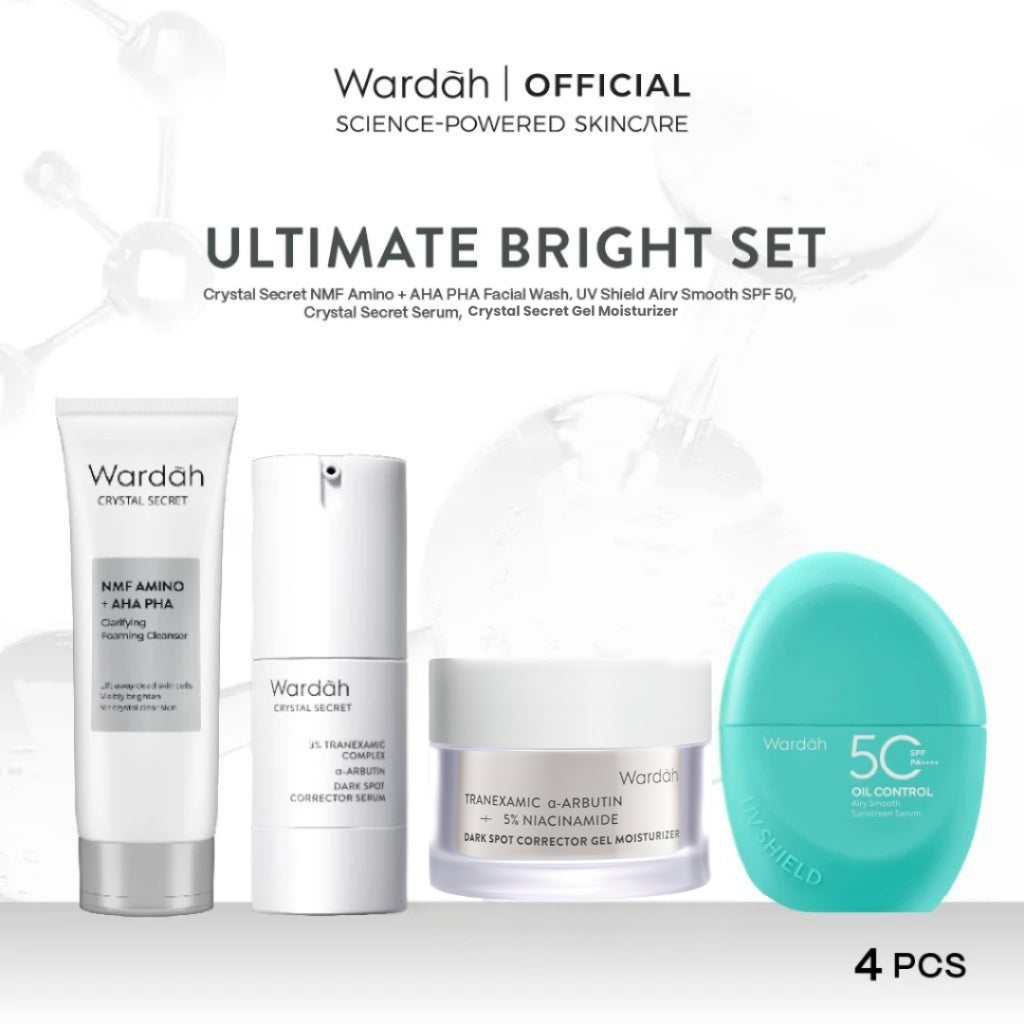 Wardah Paket 4 pcs Skincare Solusi Masalah Kulit - Face Wash, Moisturizer, Serum, & Sunscreen (Acnederm, Cica, Panthenol, UV Shield, Amino Facial Wash, Airy, Crystal Secret, Lightening, Day Cream) - Skincare