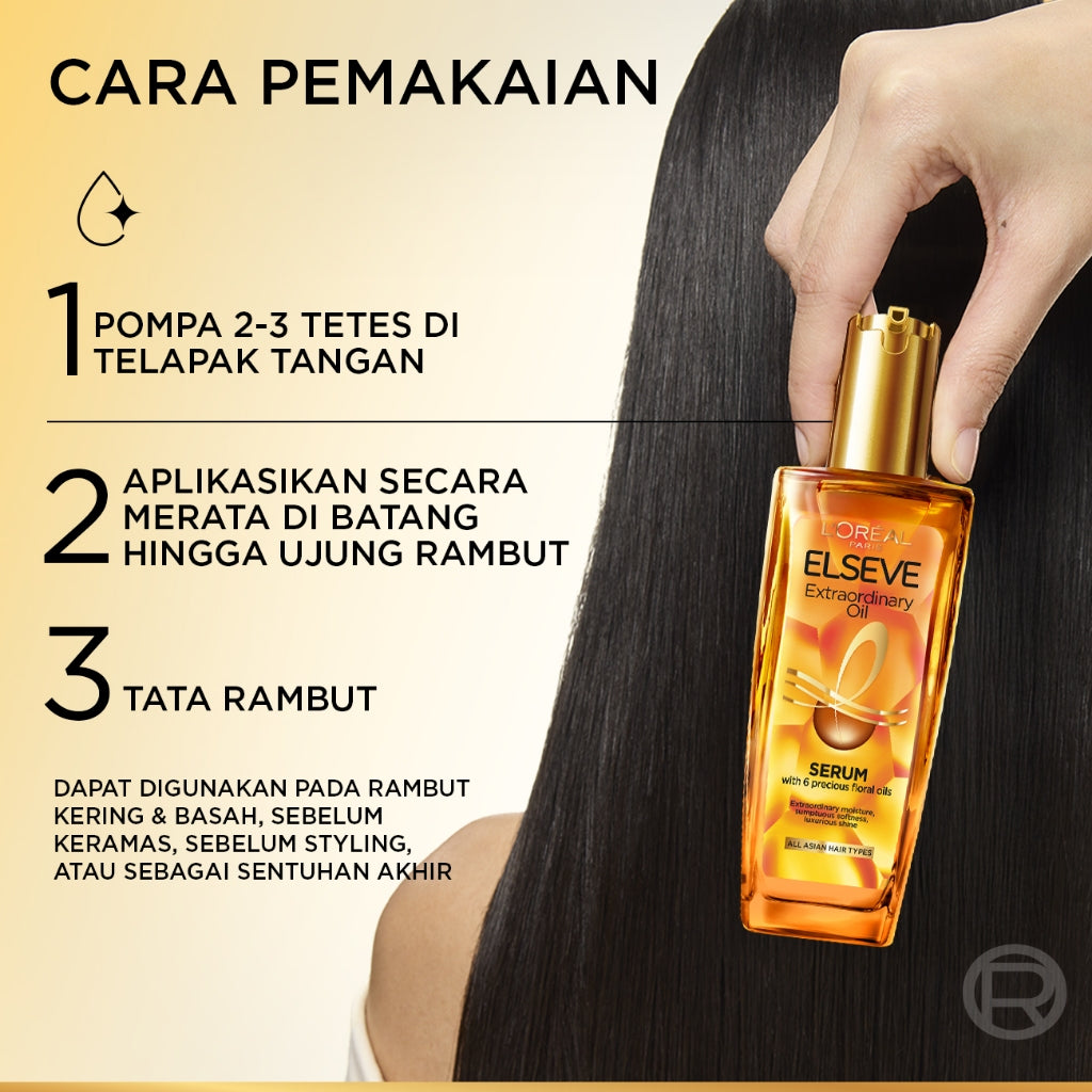 L'Oreal Paris Elseve Extraordinary Oil Gold Hair Treatment Serum 100ml -  Rambut Halus Berkilau dalam Satu Pemakaian - dari Bunga Istimewa Omega 3 - Perawatan Rambut Vitamin Rambut 100ml   Vitamin rambut