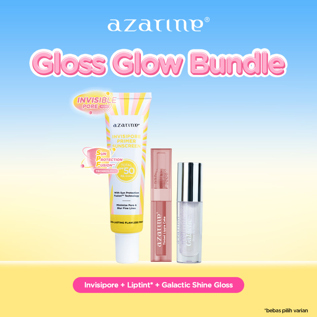 Azarine Gloss Glow Bundle [3 PCS] Invisipore Primer Sunscreen SPF 50 PA++++ Primer Makeup Pore Blurring Tahan Lama + Tinted Lippie Cake Liptint Longlasting + Galactic Shine Gloss Melembabkan Menutrisi Bibir Kering Pigmented Color Lightweight
