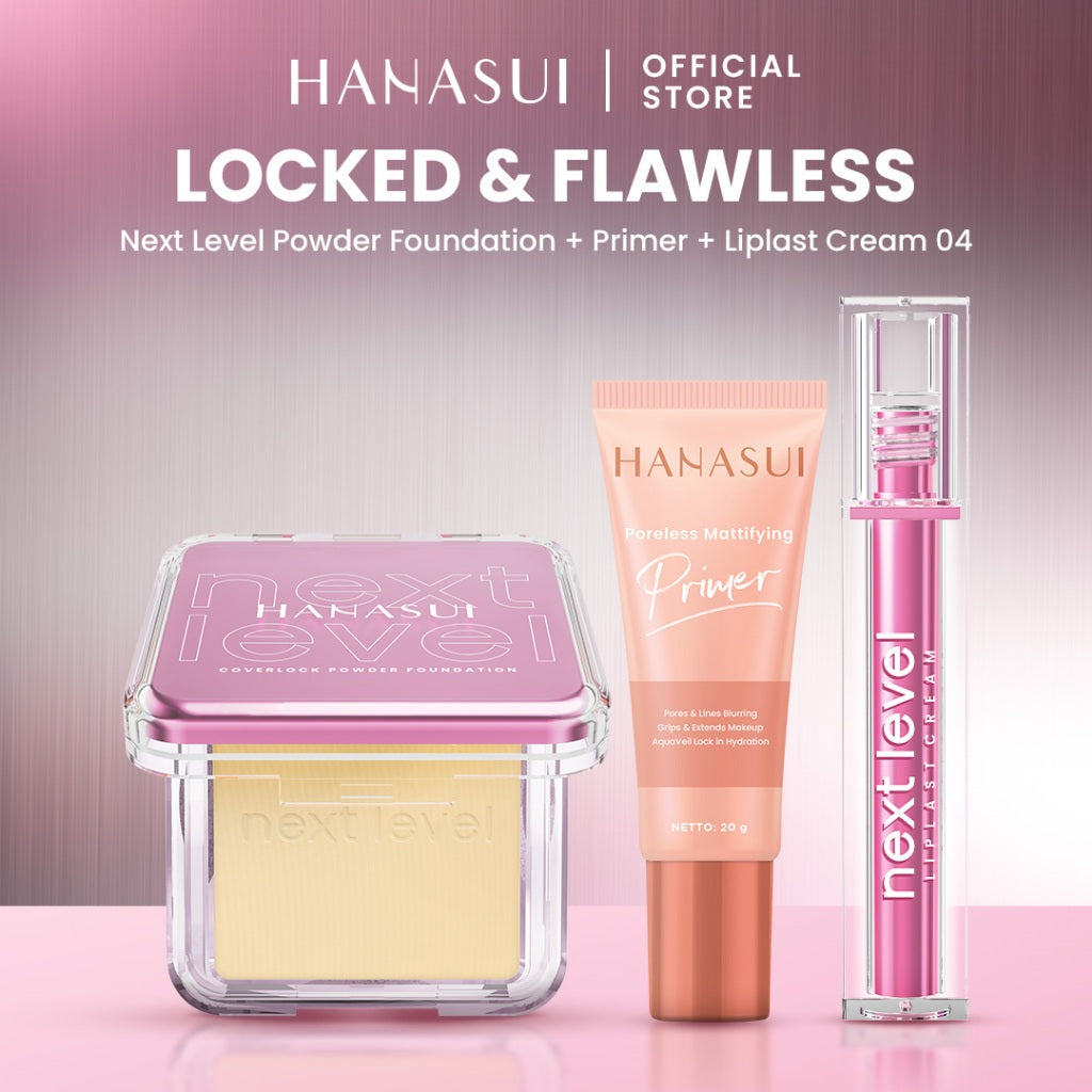Hanasui Your Next Level Look – Bundle Makeup Lengkap & Tahan Lama Untuk Tampilan Flawless | Next Level Powder Foundation Primer Liplast Bouncy Blush Blurry Tint