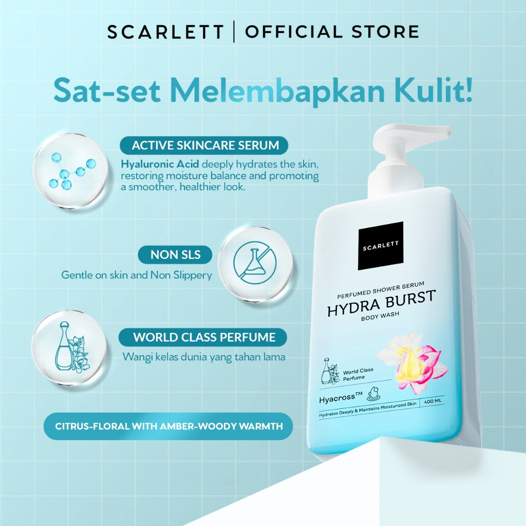 SCARLETT Perfumed Shower Serum 400ml - Brightening, Hydrating, Acne Care | Sabun Mandi Cair untuk Mencerahkan, Melembabkan, Merawat Kulit Berjerawat Jerawat Punggung | Shower Gel Wangi Parfum Mewah Kelas Dunia