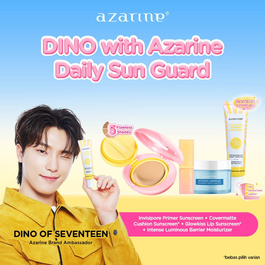 [BUY 4 GET 7] Azarine Daily Sun Guard [4 PCS] Invisipore Primer Sunscreen SPF 50 PA++++ Primer Makeup Pore Blurring Tahan Lama + Sunscreen Cushion SPF50 Tahan Lama Matte Finish + Glowkiss Sunscreen Pelembab Bibir + Intense Luminous Pelembab Wajah