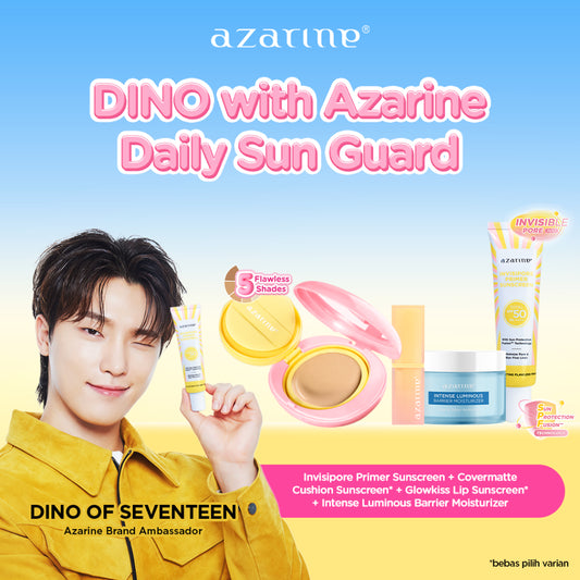 [BUY 4 GET 7] Azarine Daily Sun Guard [4 PCS] Invisipore Primer Sunscreen SPF 50 PA++++ Primer Makeup Pore Blurring Tahan Lama + Sunscreen Cushion SPF50 Tahan Lama Matte Finish + Glowkiss Sunscreen Pelembab Bibir + Intense Luminous Pelembab Wajah