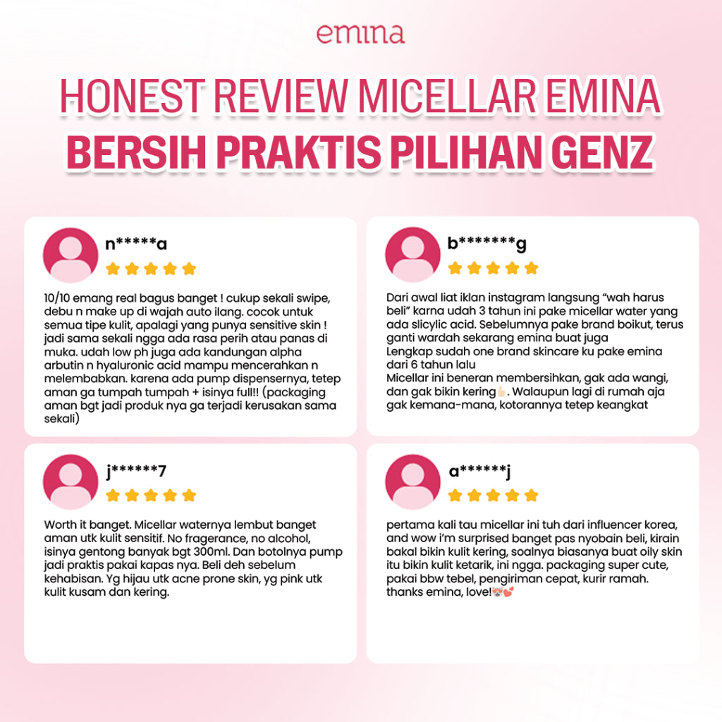 NEW! Emina Low pH Micellar Water Series - HyaluBright Smooth & Made-Calm Purify Micellar Water 300 ml & 125 ml