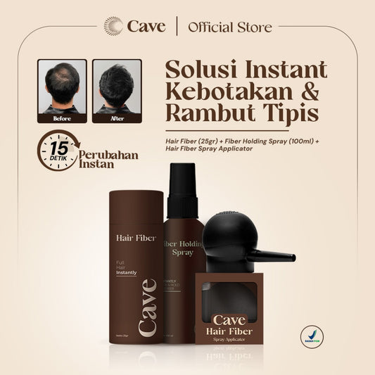 Cave Paket Hair Fiber 25 Gram & Fiber Holding Spray - Serbuk Penebal dan Pelebat Rambut Tipis Instan Penutup Kebotakan Tahan Lama
