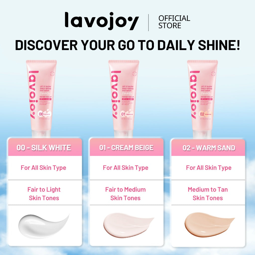 [TONE UP SHADE 01] Lavojoy Let It Glow Daily Shine Body Serum Instant Tone Up Delicate Rose with SPF 50 PA++++|Shade 01 Cream Beige|Body Serum untuk Perlindungan Sinar UV|Mencerahkan Seketika & Melembapkan Kulit dengan 3% Niacinamide + Australian Super VC