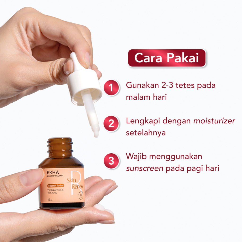 Erha Age Corrector Skin Renew Booster 15ml - 1% Bakuchiol & 10% AHA Booster Anti Aging | Alternatif Vegan Retinol | Meregerenasi Meremajakan Kulit | Menyamarkan Tanda Penuaan | Mencerahkan | Kolagen | Gentle untuk Kulit Sensitif