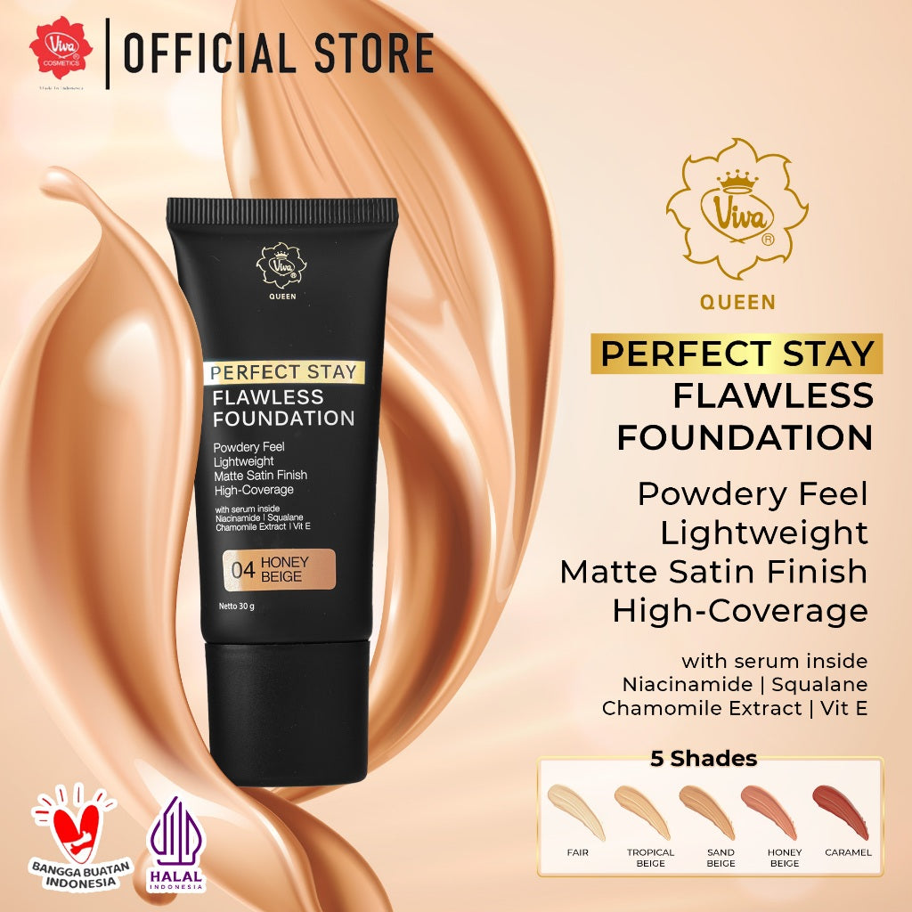 Viva Queen Perfect Stay SERUM Flawless Foundation with NIACINAMIDE, UV FILTER, VIT E & Chamomile Extract (30gr) – High Coverage, Transferproof, Lightweight & Matte Satin Finish (tersedia 5 varian warna)
