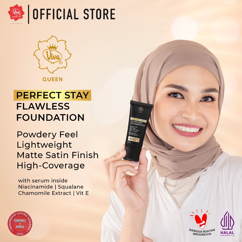 Viva Queen Perfect Stay SERUM Flawless Foundation with NIACINAMIDE, UV FILTER, VIT E & Chamomile Extract (30gr) – High Coverage, Transferproof, Lightweight & Matte Satin Finish (tersedia 5 varian warna)