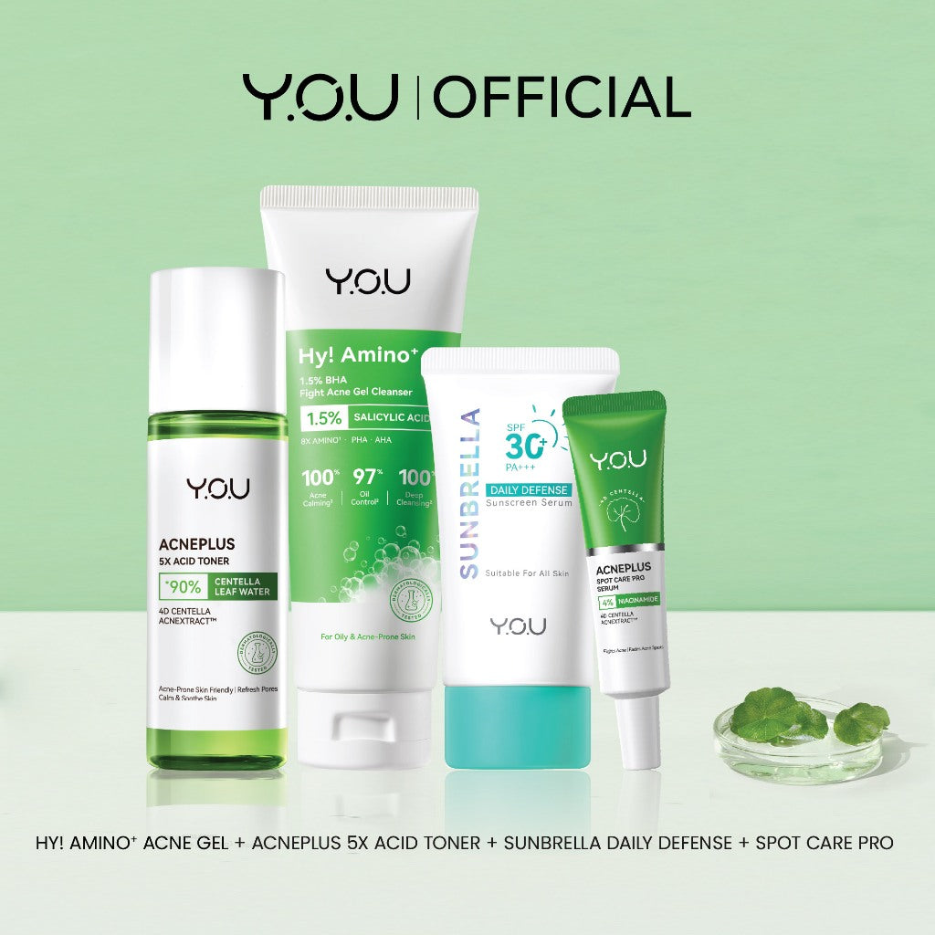 YOU Acneplus 4in1 Bundle Exfoliating Toner, Acne Spot, Serum, Hy! Amino+ 1.5% BHA Fight Acne Gel Cleanser Serum Jerawat Obat Totol Jerawat Paket Skincare