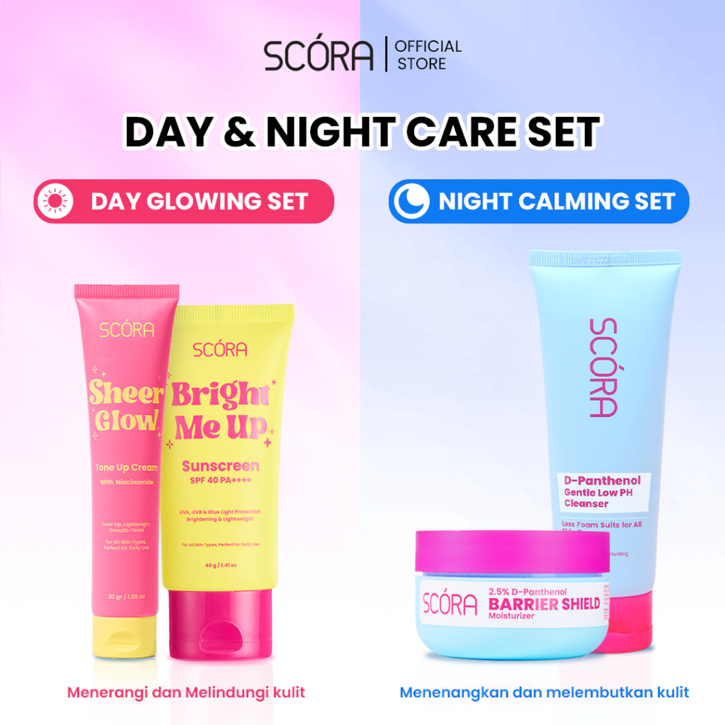 Day & Night Care Set: SCORA Bright Me Up Sunscreen 40 Gr + SCORA Sheer Glow Tone Up Cream 30 mL + 2,5% D-PANTHENOL BARRIER SHIELD MOISTURIZER 40ml  + SCORA D-Panthenol Gentle Low pH Cleanser 100ml  [BUNDLING 2 PCS]