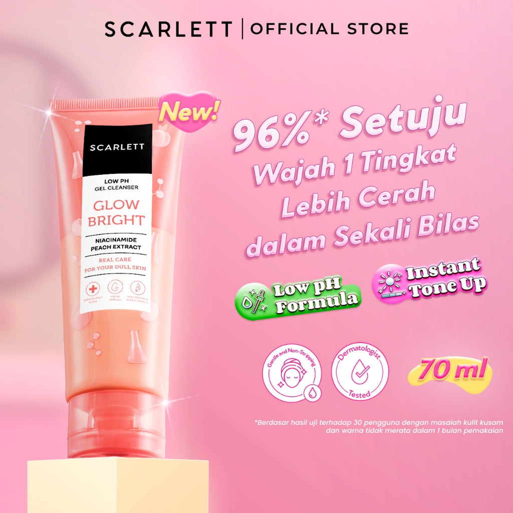 SCARLETT Low pH Glow Bright Gel Cleanser-Facial Wash Gentle Formula, Kulit Tidak Ketarik, Low pH Sensitive Skin Friendly, Repair Skin Barrier, Instant Tone Up, Mencerahkan, Pencerah Wajah, Niacinamide & Peach Extract. Scarlett Official Store