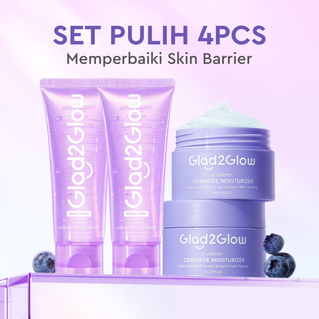 [SET REPAIR&GLOWING]Glad2Glow Glowing&Sehat&Lembap Bundle 4in1-Blueberry Moisturizer+Cerah Krim+Brightening Serum+Pulihkan cleanser+eksfoliasi Toner-skincare Beauty Sets&Packages cream pemutih wajah facial wash eksfoliasi wajah peeling