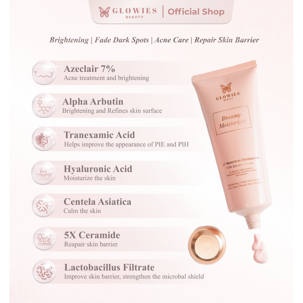 Ready Stock Glowies Beauty Dreamy Moisturizer 80ml Aman untuk Remaja & Kulit Sensitif with 7% Azelclair Niacinimide Alpha Arbutin 5x Ceramide Bantu Redakan Jerawat & PIE Memperbaiki Skin Barrier dan Acne Repair Non Comedogenic