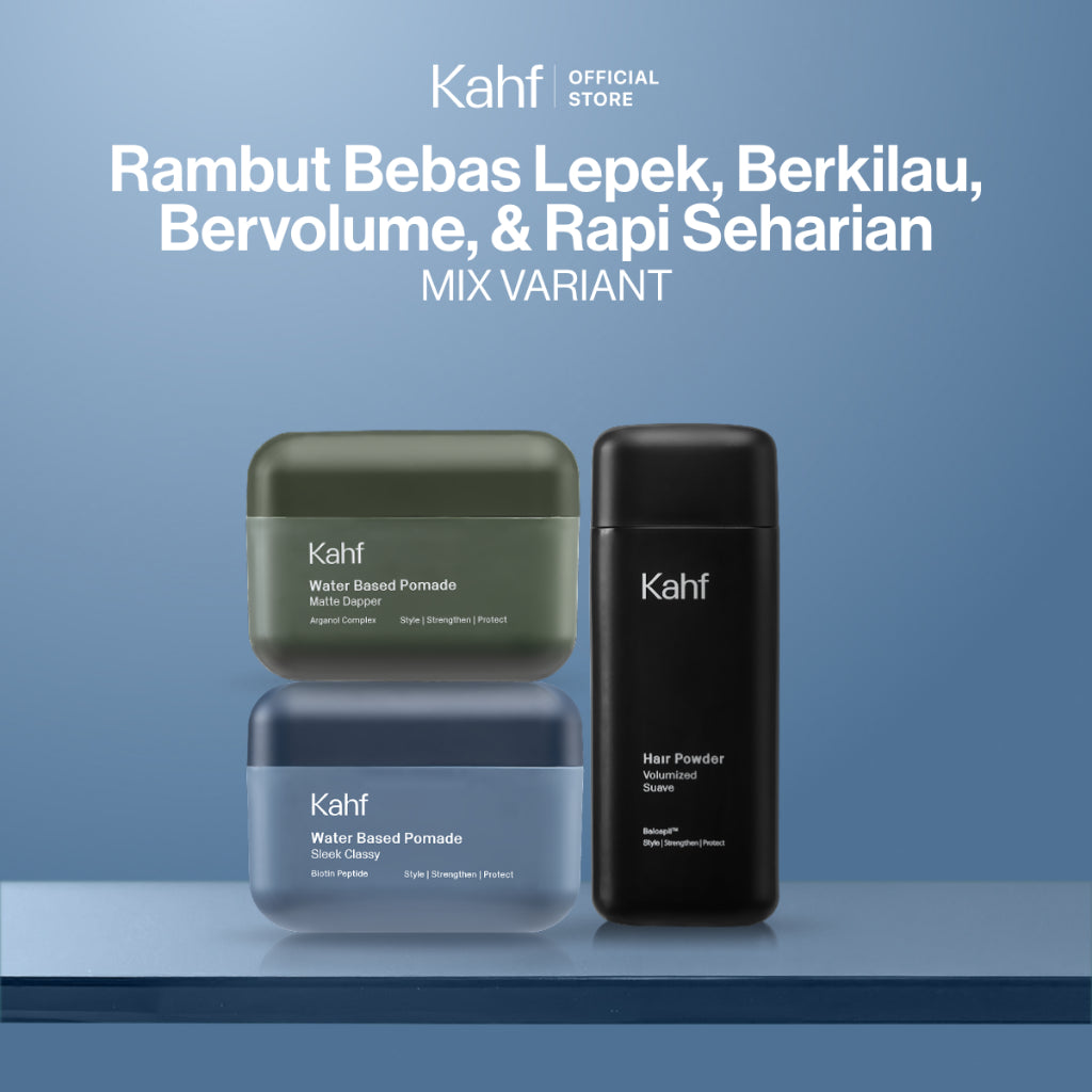 [KAHF BUNDLE 3IN1 PAKET POMADE/HAIR POWDER RAMBUT BEBAS LEPEK, BERKILAU, BERVOLUME, & RAPI SEHARIAN] Triple Pack Hairstyling Pomade or Powder - 3 pcs Gel Rambut & Bubuk Penata Rambut - Approved by Barber and Suitable for Daily Use