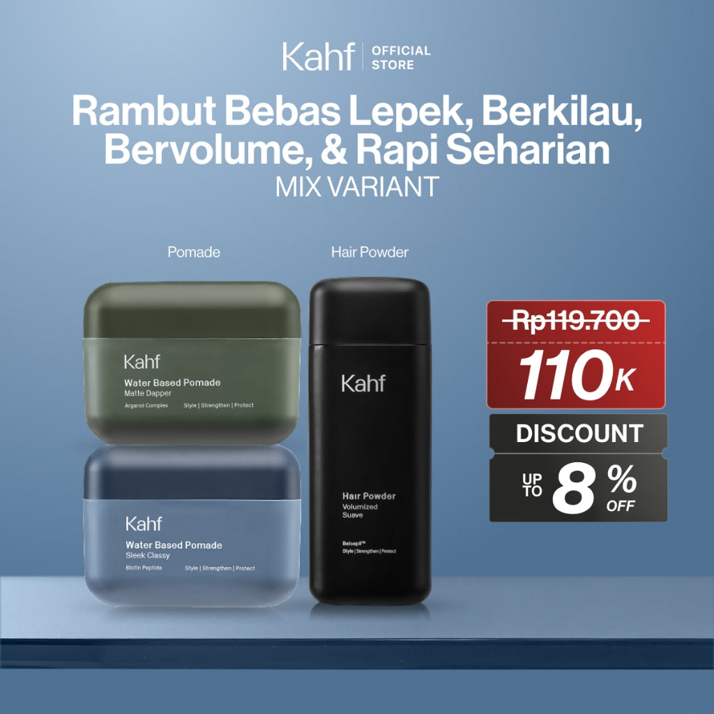 [KAHF BUNDLE 3IN1 PAKET POMADE/HAIR POWDER RAMBUT BEBAS LEPEK, BERKILAU, BERVOLUME, & RAPI SEHARIAN] Triple Pack Hairstyling Pomade or Powder - 3 pcs Gel Rambut & Bubuk Penata Rambut - Approved by Barber and Suitable for Daily Use
