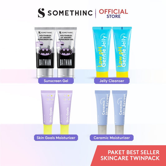 SOMETHINC [TWINPACK HEMAT] Best Seller Product Twin Pack Kit - Holyshield Sunscreen Gel, Low pH Gentle Jelly Cleanser, Skin Goals Moisturizer, Niacinamide Sabi Beet Serum, Ceramic Skin Saviour, Resurrect Serum)