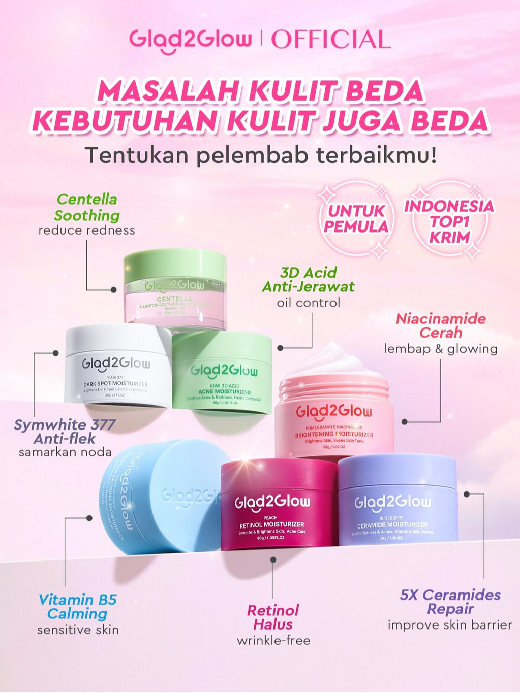 Glad2Glow Moisturizer Series Mencerahkan Pencerah Wajah Anti Jerawat Penuaan Hilangkan Flek Tenangkan Kulit Niacinamide 377 Retinol Centella Skincare Pelembab Esensi Perawatan Kulit Pelembab Wajah Pembersih day cream tone up g2g official store