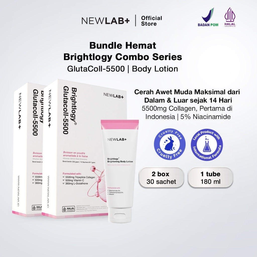 NEWLAB Brightlogy GlutaColl-5500| Collagen Drink | Minuman Collagen & Minuman Glutathione BPOM untuk Mencerahkan 15 Sachet