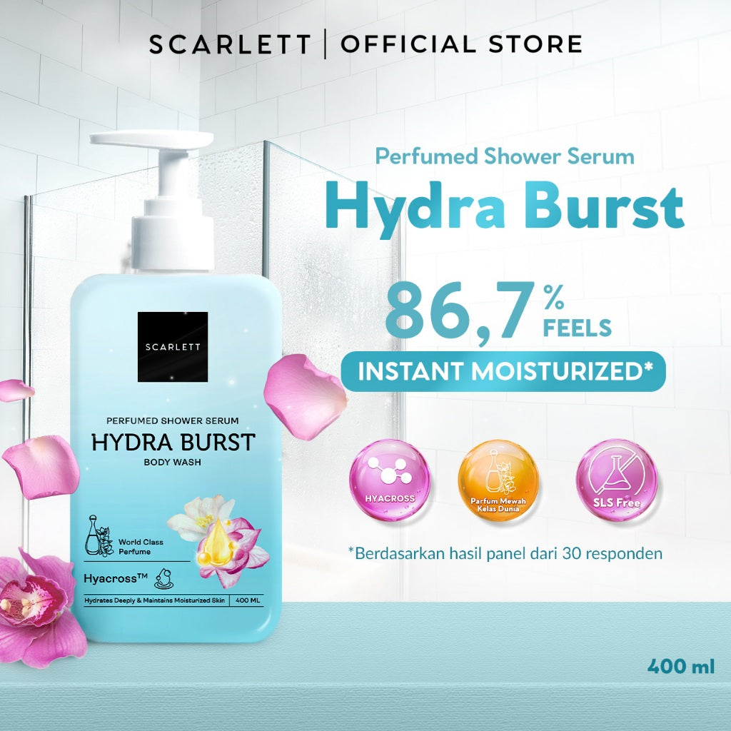 SCARLETT Perfumed Shower Serum 400ml – Hydra Burst | Hydrating Shower Gel dengan Hyacross™ | Sabun Mandi Cair Melembabkan Kulit Kering, Menjaga Kelembapan | Kulit Lembut & Kenyal dengan Wangi Parfum Mewah Kelas Dunia